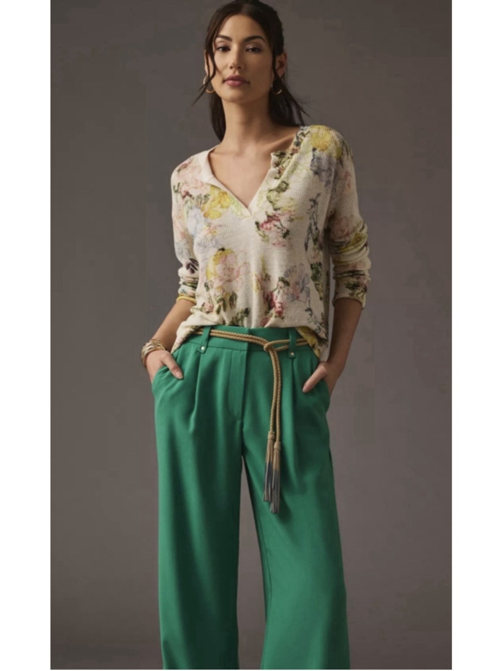 Anthropologie Linen Blend Printed V-Neck Sweater Floral Women’s Oversized Sz XS